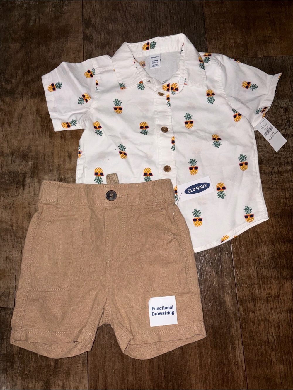 Old Navy White Pineapple Print Button-Down Shirt with Tan Shorts